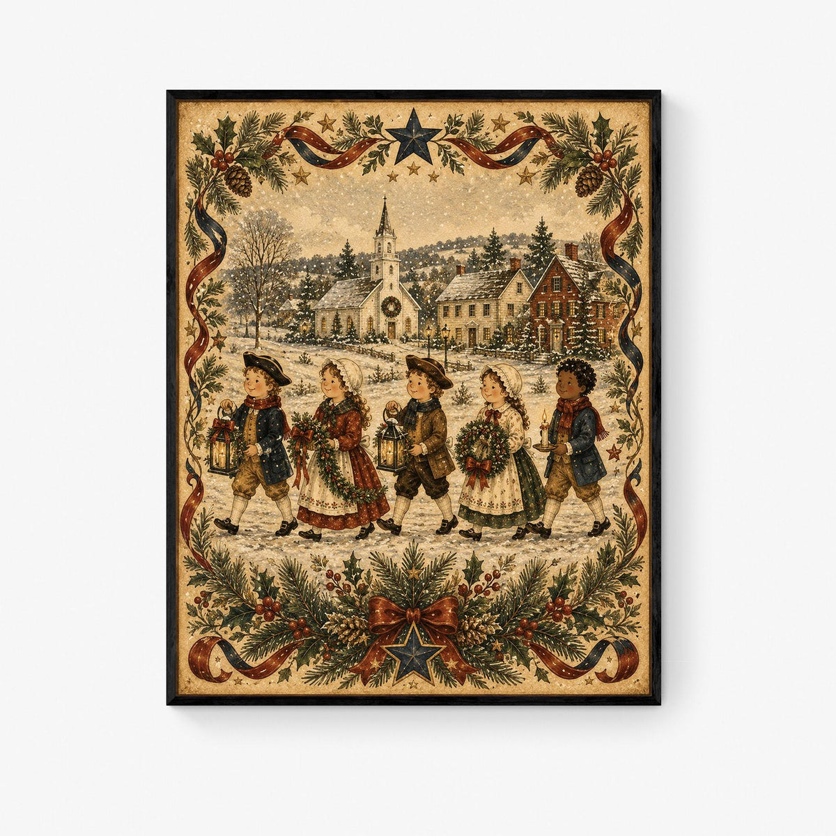 Colonial Christmas Carolers Art Print | Primitive Folk Art Holiday Wall Decor | Vintage Winter Village Christmas Decoration