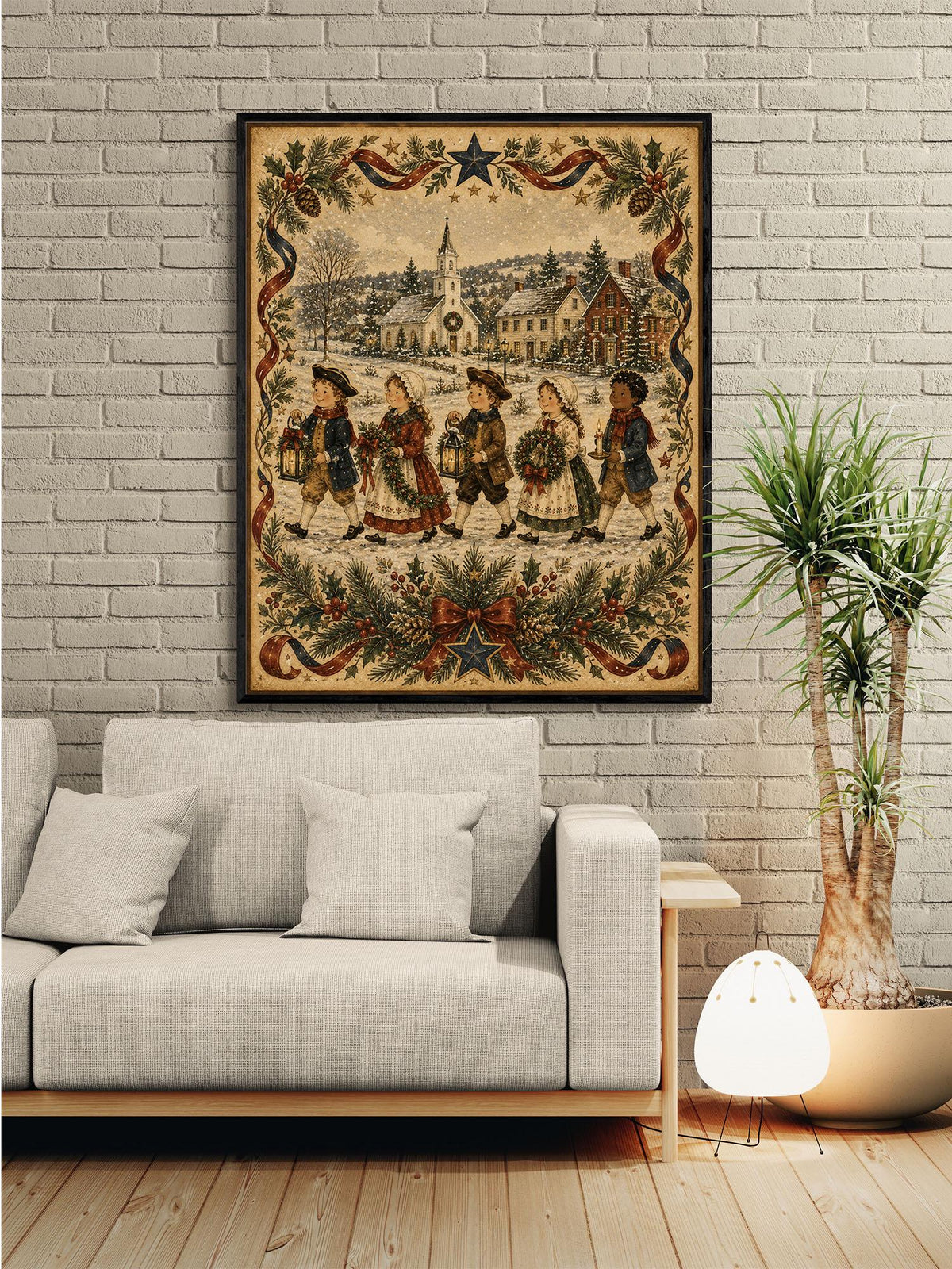Colonial Christmas Carolers Art Print | Primitive Folk Art Holiday Wall Decor | Vintage Winter Village Christmas Decoration