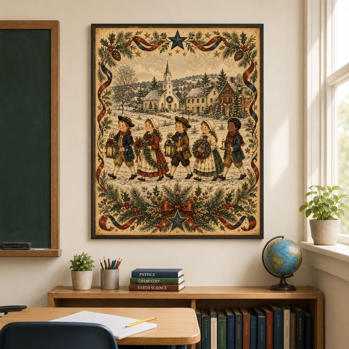 Colonial Christmas Carolers Art Print | Primitive Folk Art Holiday Wall Decor | Vintage Winter Village Christmas Decoration