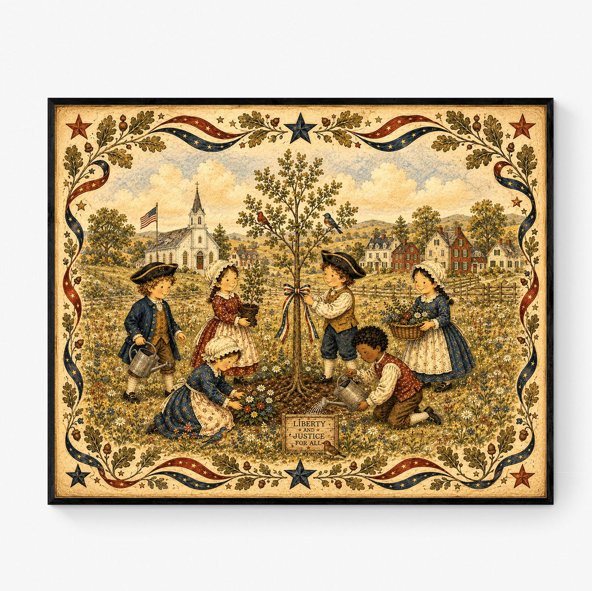 Patriotic Folk Art Liberty Tree Planting Print | Americana Colonial Children Wall Art | Liberty and Justice Rustic Landscape Decor