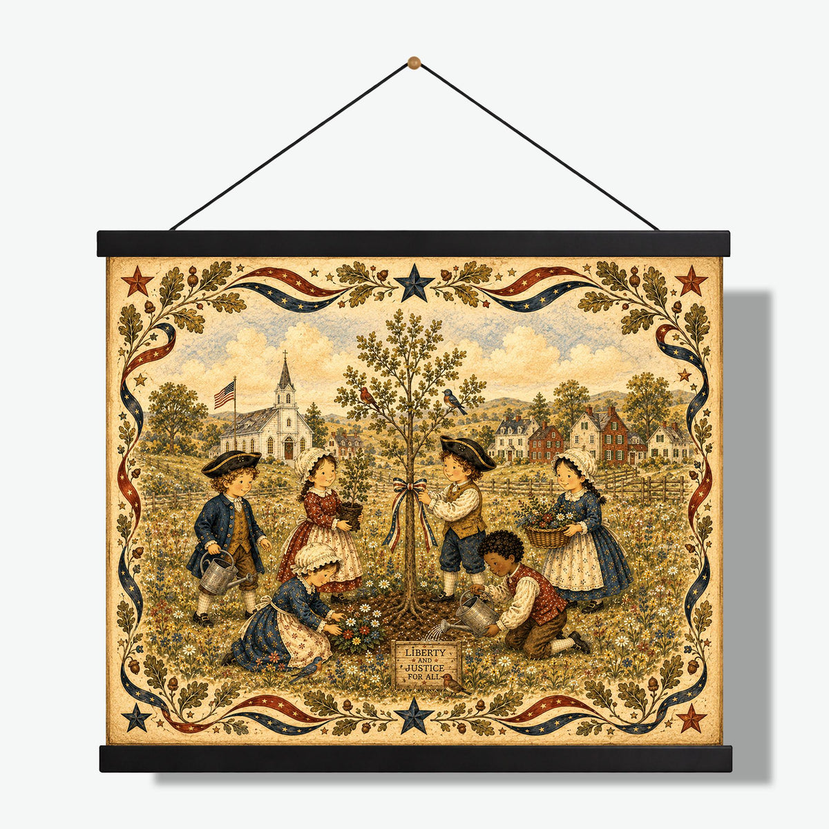Patriotic Folk Art Liberty Tree Planting Print | Americana Colonial Children Wall Art | Liberty and Justice Rustic Landscape Decor