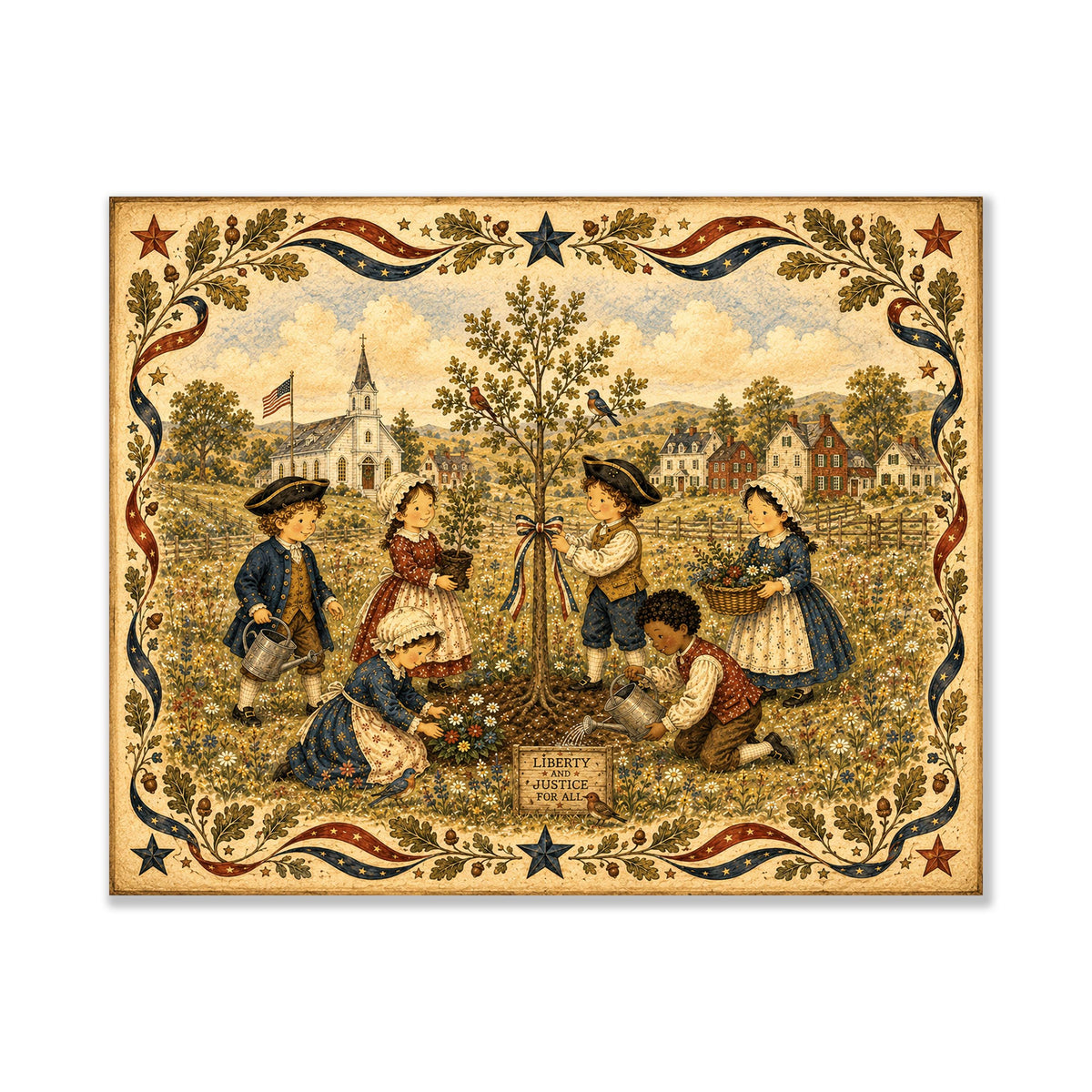 Patriotic Folk Art Liberty Tree Planting Print | Americana Colonial Children Wall Art | Liberty and Justice Rustic Landscape Decor