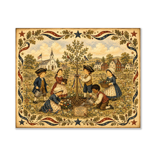 Patriotic Folk Art Liberty Tree Planting Print | Americana Colonial Children Wall Art | Liberty and Justice Rustic Landscape Decor