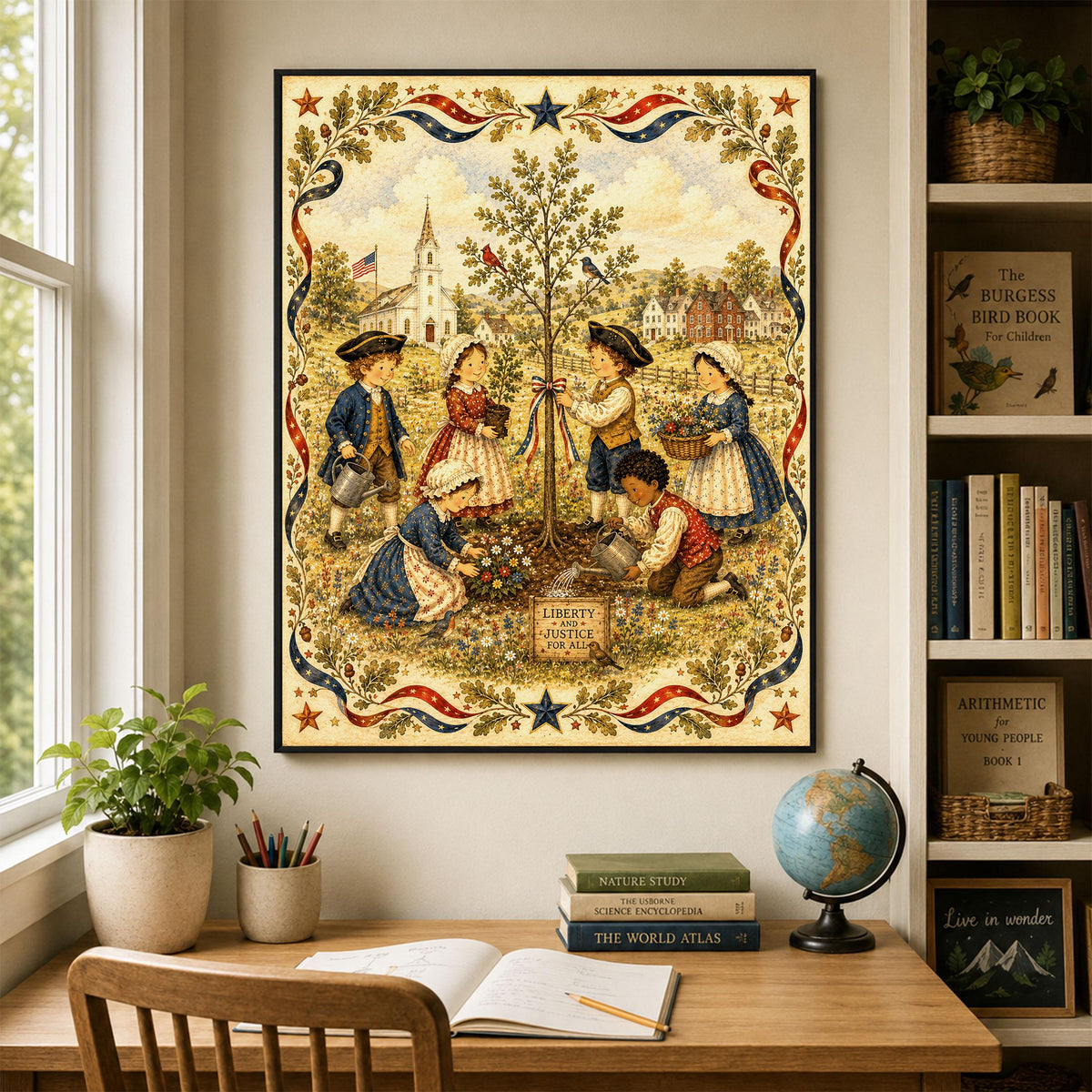 Patriotic Folk Art Liberty Tree Planting Print | Americana Colonial Children Wall Art | Liberty and Justice Rustic Landscape Decor Landscape
