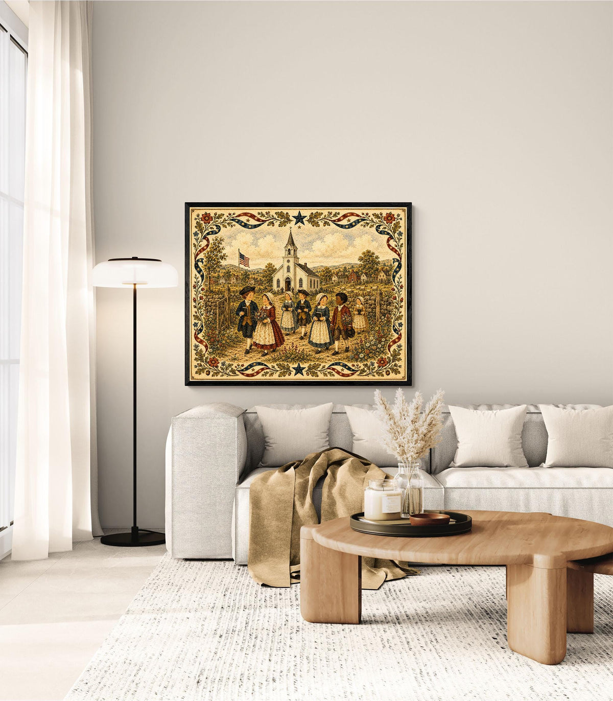 Colonial Church Landscape Art Print | Americana Folk Art Wall Decor | Patriotic Country Village | Nostalgic Heritage Gift