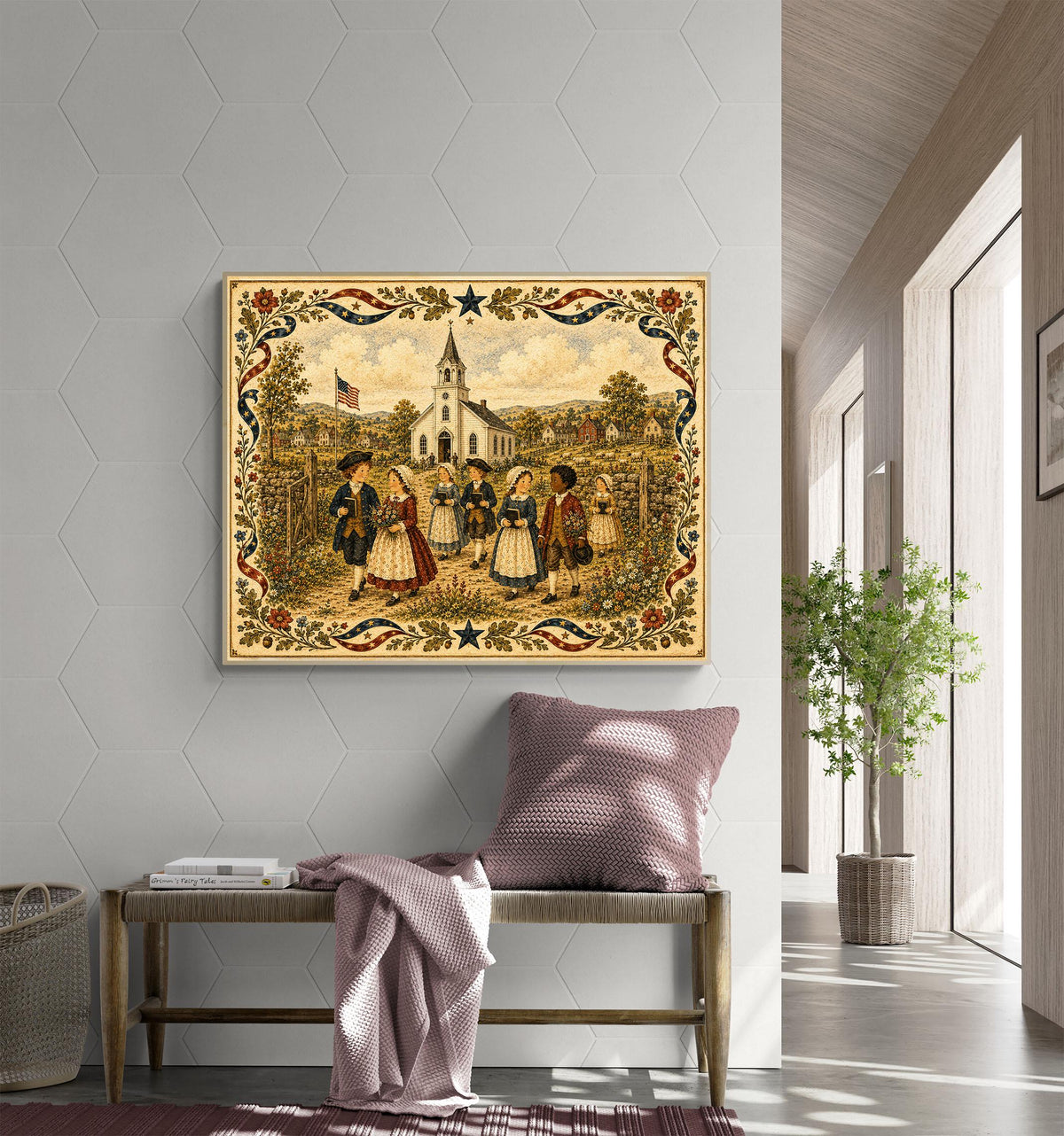 Colonial Church Landscape Art Print | Americana Folk Art Wall Decor | Patriotic Country Village | Nostalgic Heritage Gift