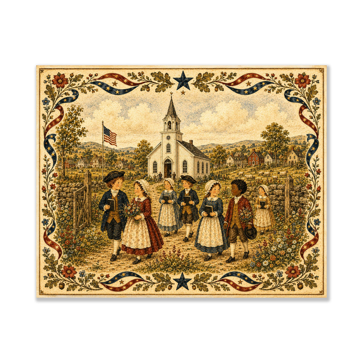 Colonial Church Landscape Art Print | Americana Folk Art Wall Decor | Patriotic Country Village | Nostalgic Heritage Gift Landscape Mode