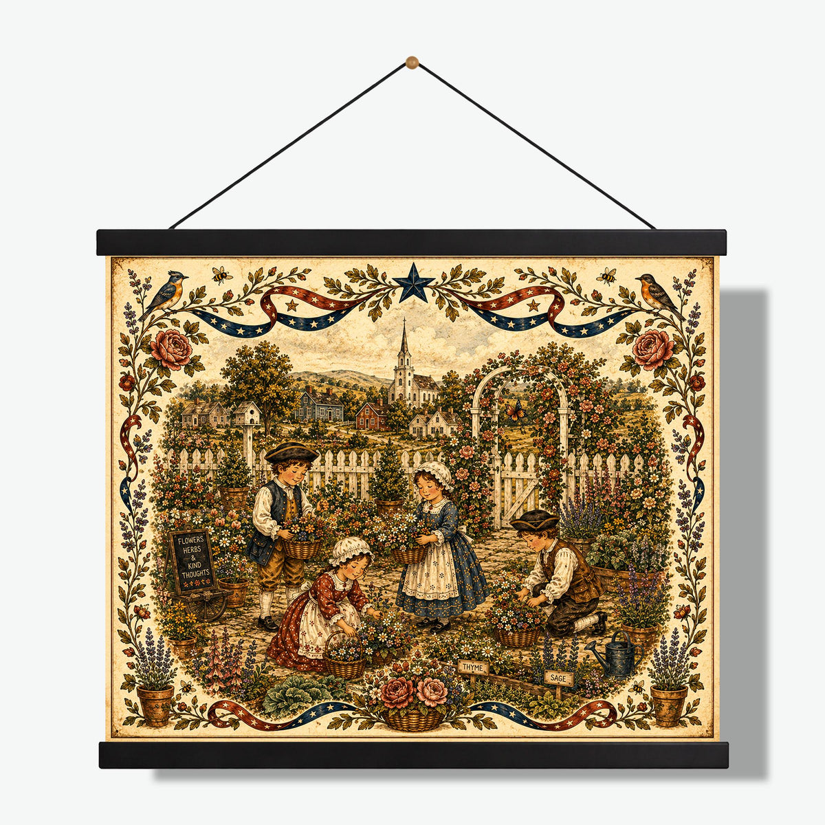 Patriotic Folk Art Garden Print | Americana Colonial Garden Wall Art | Vintage Cottage Garden Landscape Decor