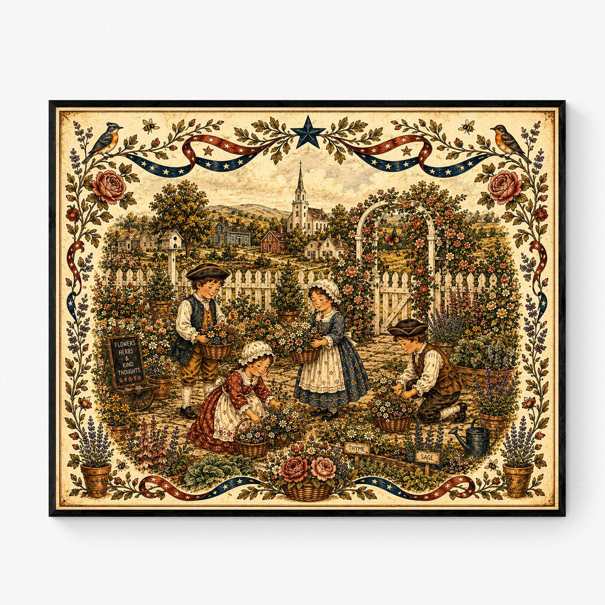 Patriotic Folk Art Garden Print | Americana Colonial Garden Wall Art | Vintage Cottage Garden Landscape Decor