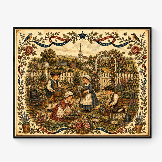Patriotic Folk Art Garden Print | Americana Colonial Garden Wall Art | Vintage Cottage Garden Landscape Decor