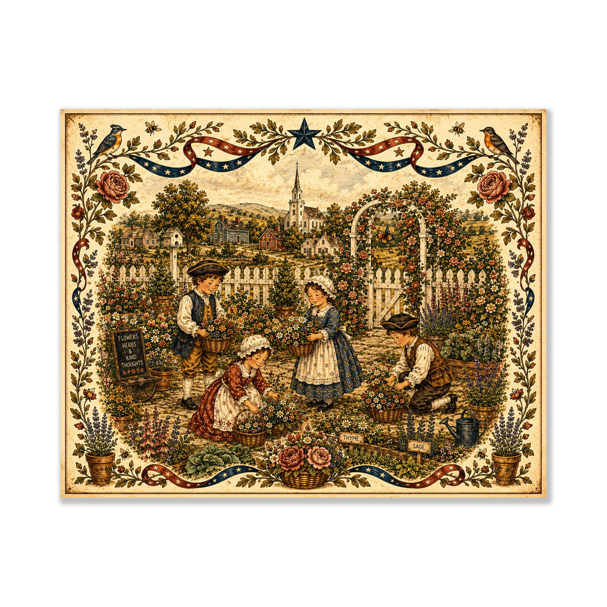 Patriotic Folk Art Garden Print | Americana Colonial Garden Wall Art | Vintage Cottage Garden Landscape Decor