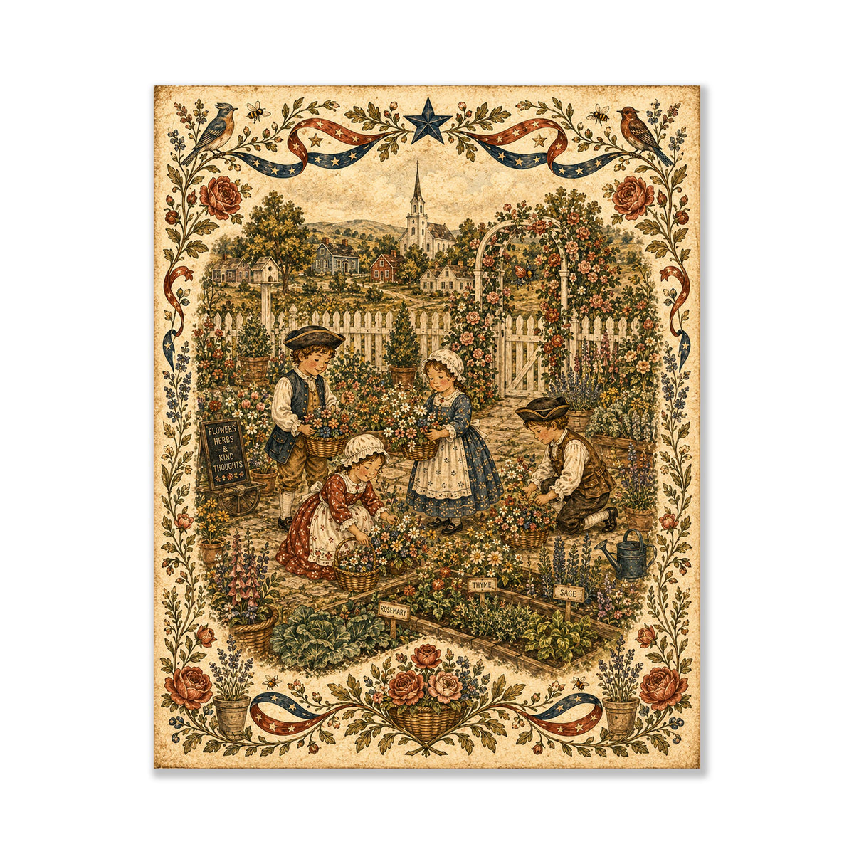 Patriotic Folk Art Garden Print | Americana Colonial Garden Wall Art | Vintage Cottage Garden Landscape Decor | Portrait Mode