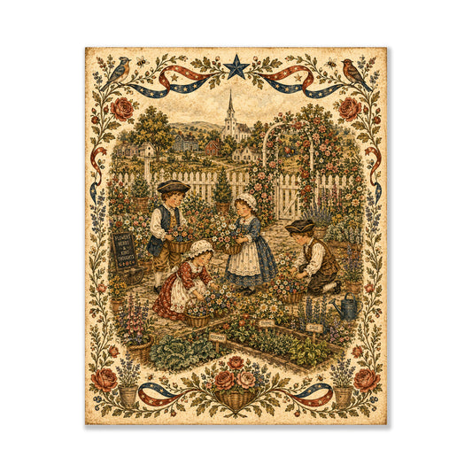 Patriotic Folk Art Garden Print | Americana Colonial Garden Wall Art | Vintage Cottage Garden Landscape Decor | Portrait Mode