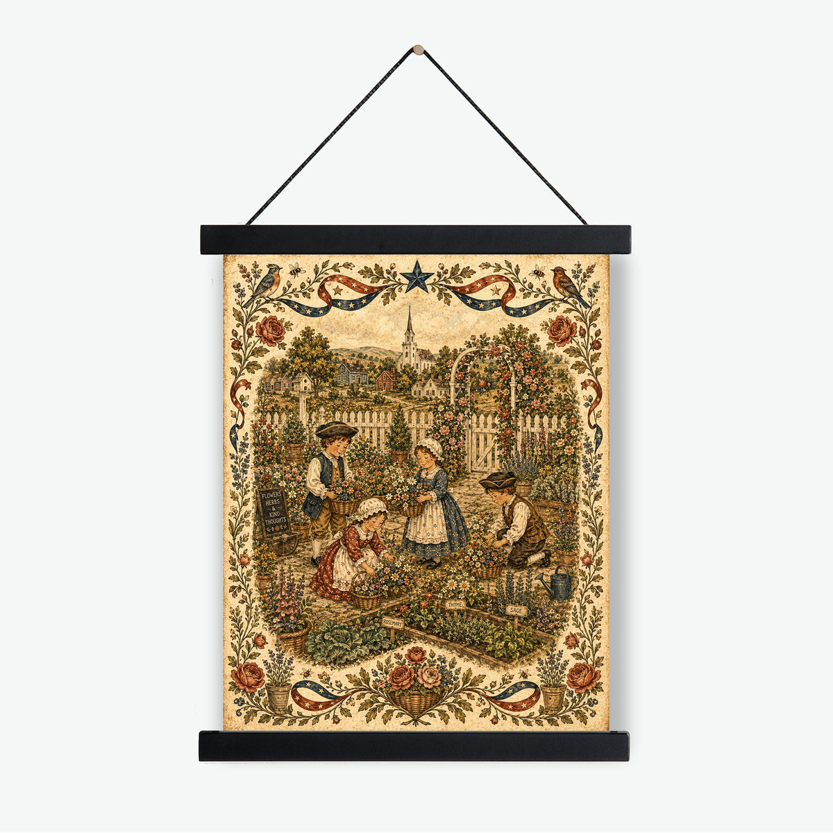 Patriotic Folk Art Garden Print | Americana Colonial Garden Wall Art | Vintage Cottage Garden Landscape Decor | Portrait Mode