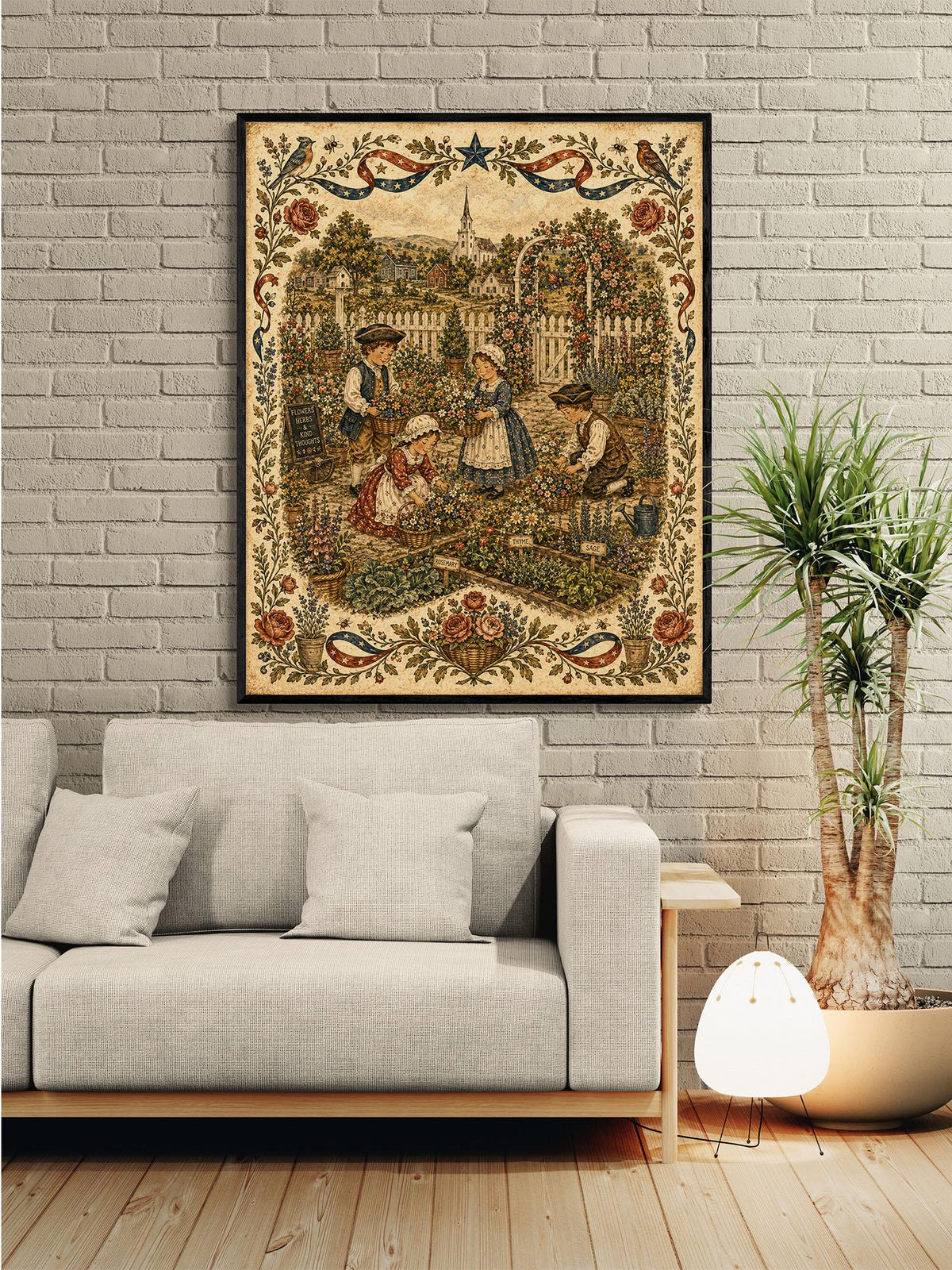 Patriotic Folk Art Garden Print | Americana Colonial Garden Wall Art | Vintage Cottage Garden Landscape Decor | Portrait Mode