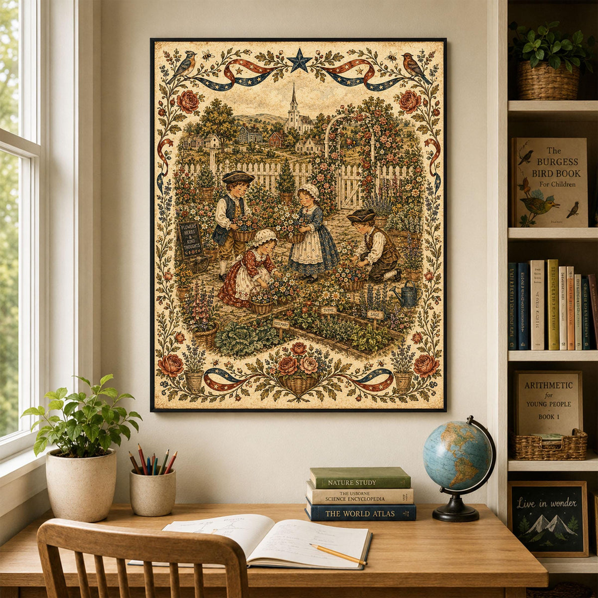 Patriotic Folk Art Garden Print | Americana Colonial Garden Wall Art | Vintage Cottage Garden Landscape Decor | Portrait Mode