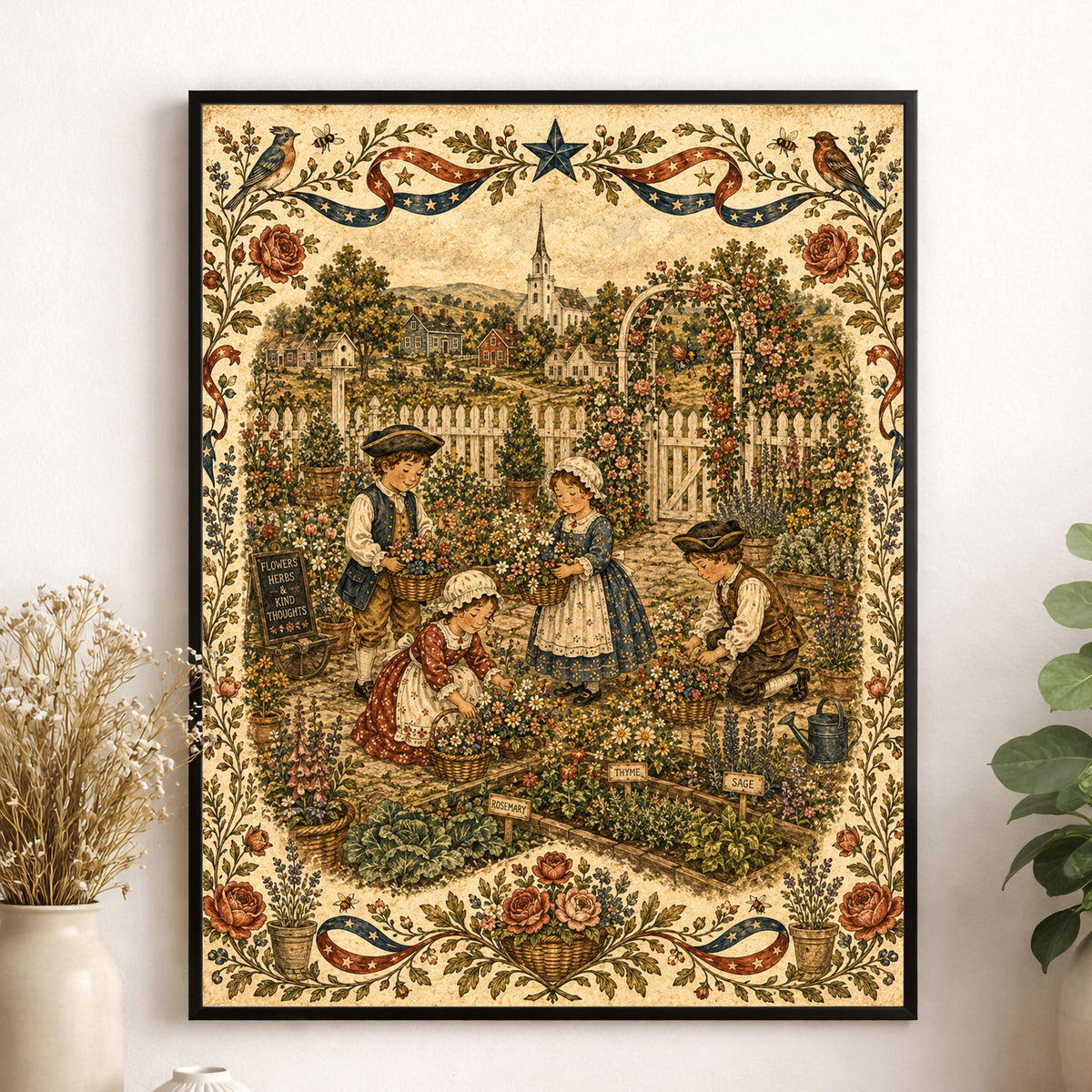 Patriotic Folk Art Garden Print | Americana Colonial Garden Wall Art | Vintage Cottage Garden Landscape Decor | Portrait Mode
