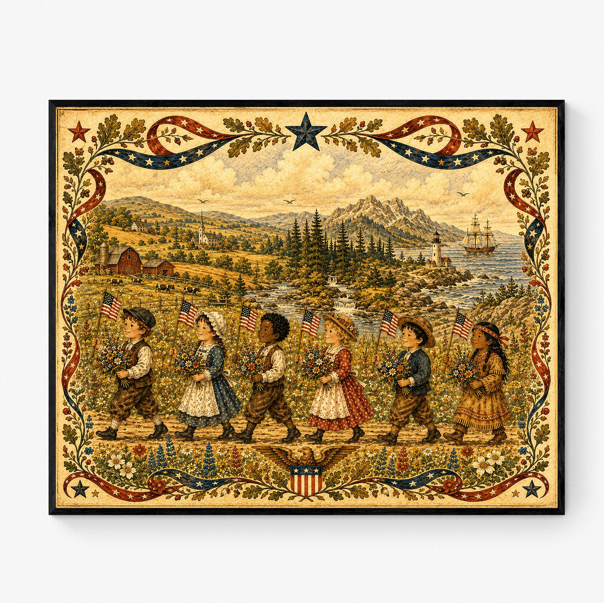Patriotic Folk Art Children Print | Americana Landscape Wall Art | Colonial Flag Parade Decor | Vintage Independence Day Artwork