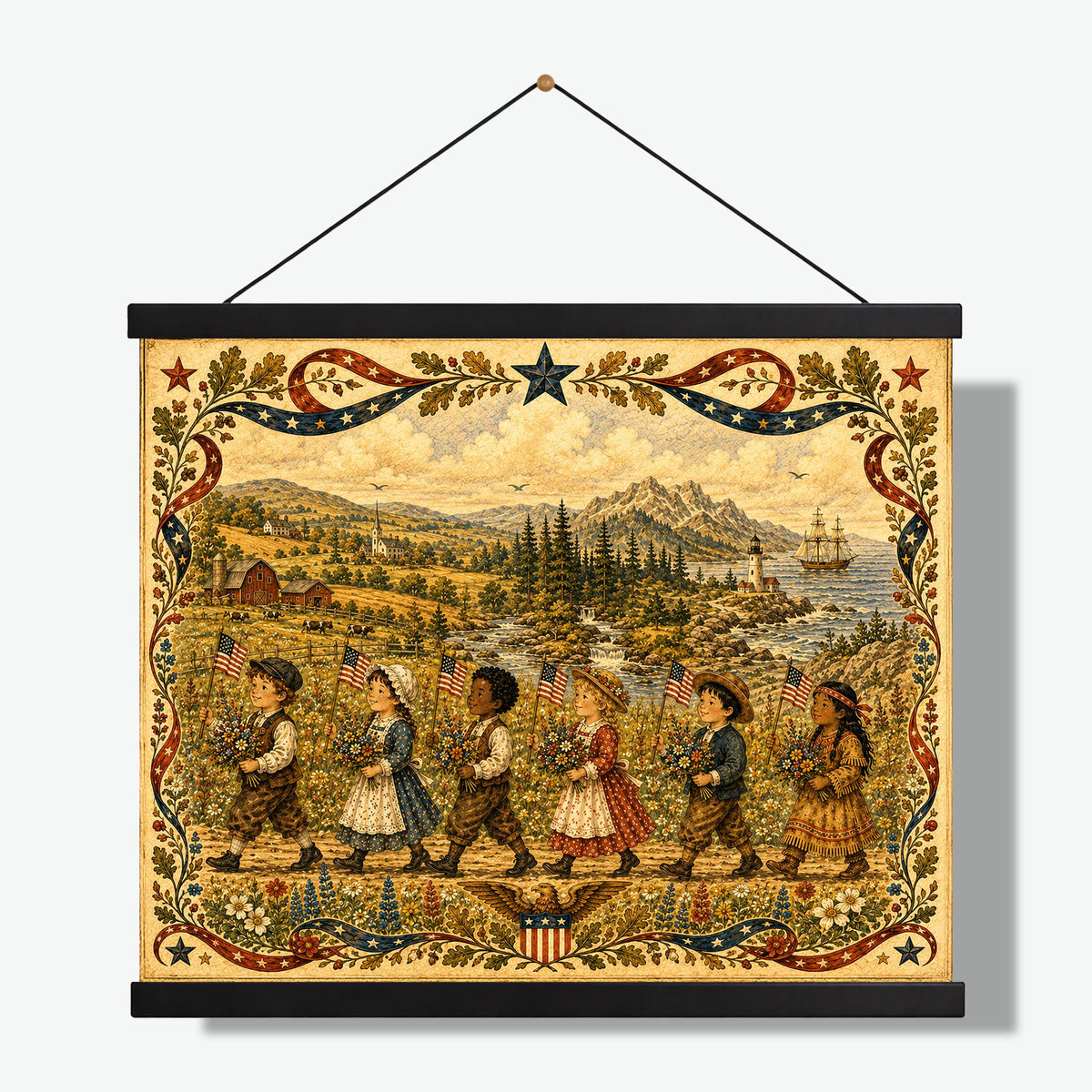 Patriotic Folk Art Children Print | Americana Landscape Wall Art | Colonial Flag Parade Decor | Vintage Independence Day Artwork