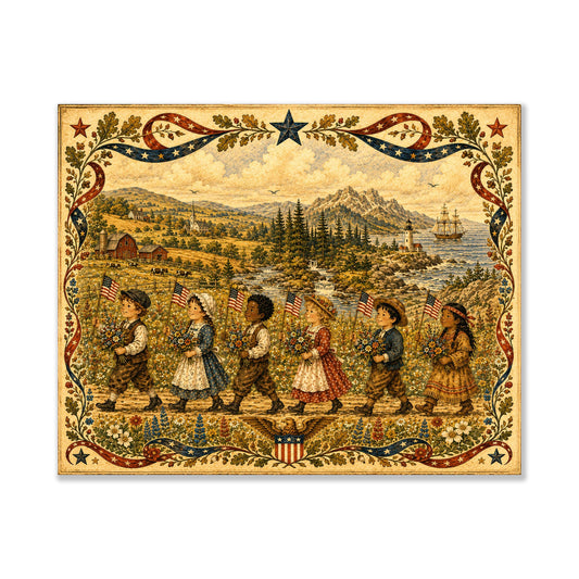 Patriotic Folk Art Children Print | Americana Landscape Wall Art | Colonial Flag Parade Decor | Vintage Independence Day Artwork