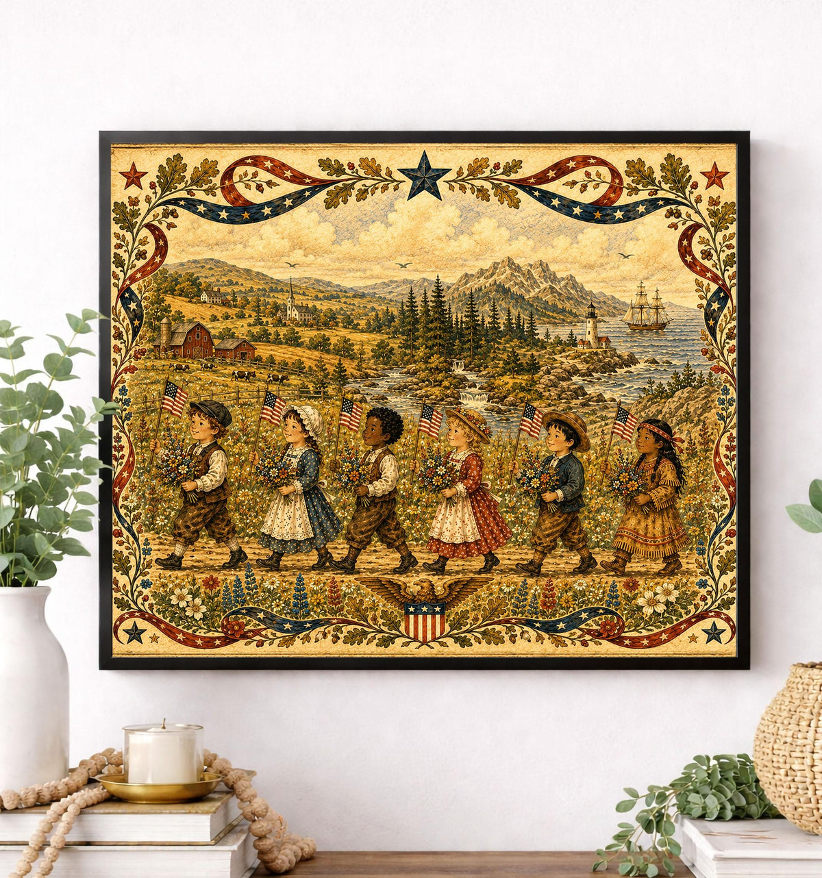 Patriotic Folk Art Children Print | Americana Landscape Wall Art | Colonial Flag Parade Decor | Vintage Independence Day Artwork