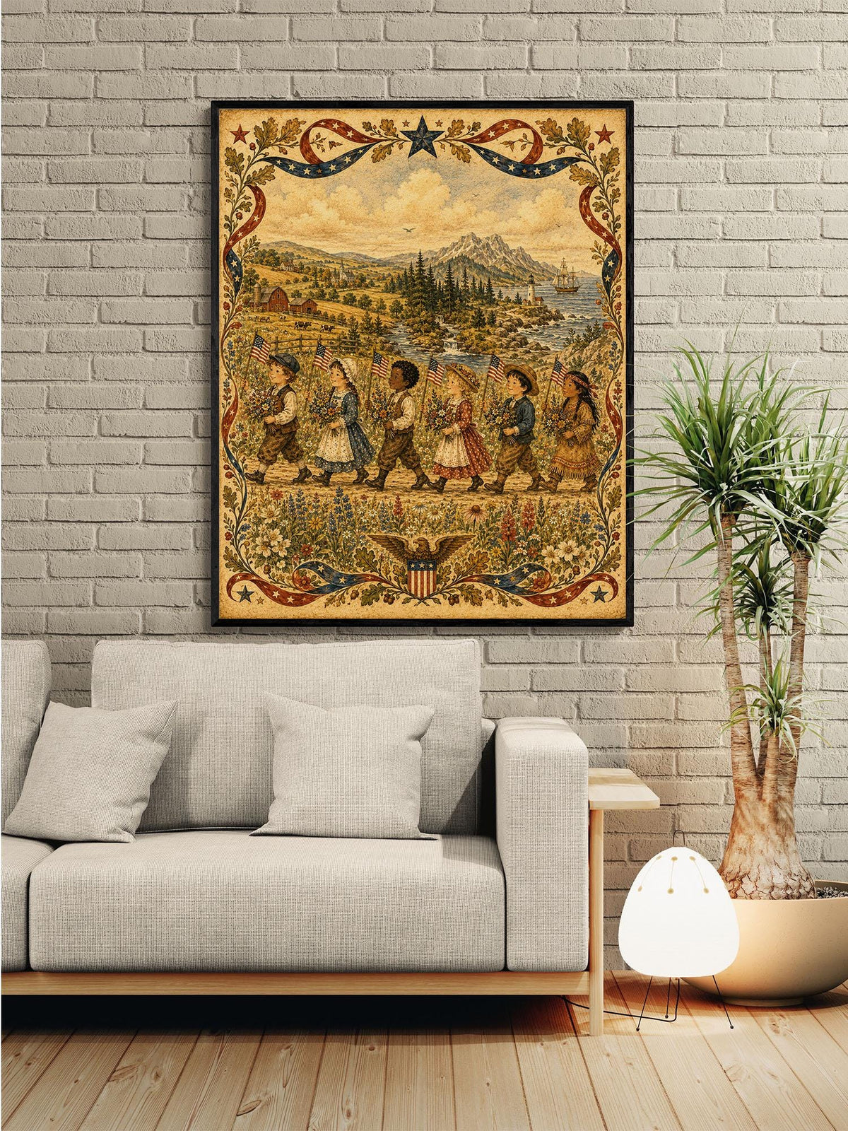 Patriotic Folk Art Children Print | Americana Landscape Wall Art | Colonial Flag Parade Decor | Vintage Independence Day Artwork | Portrait