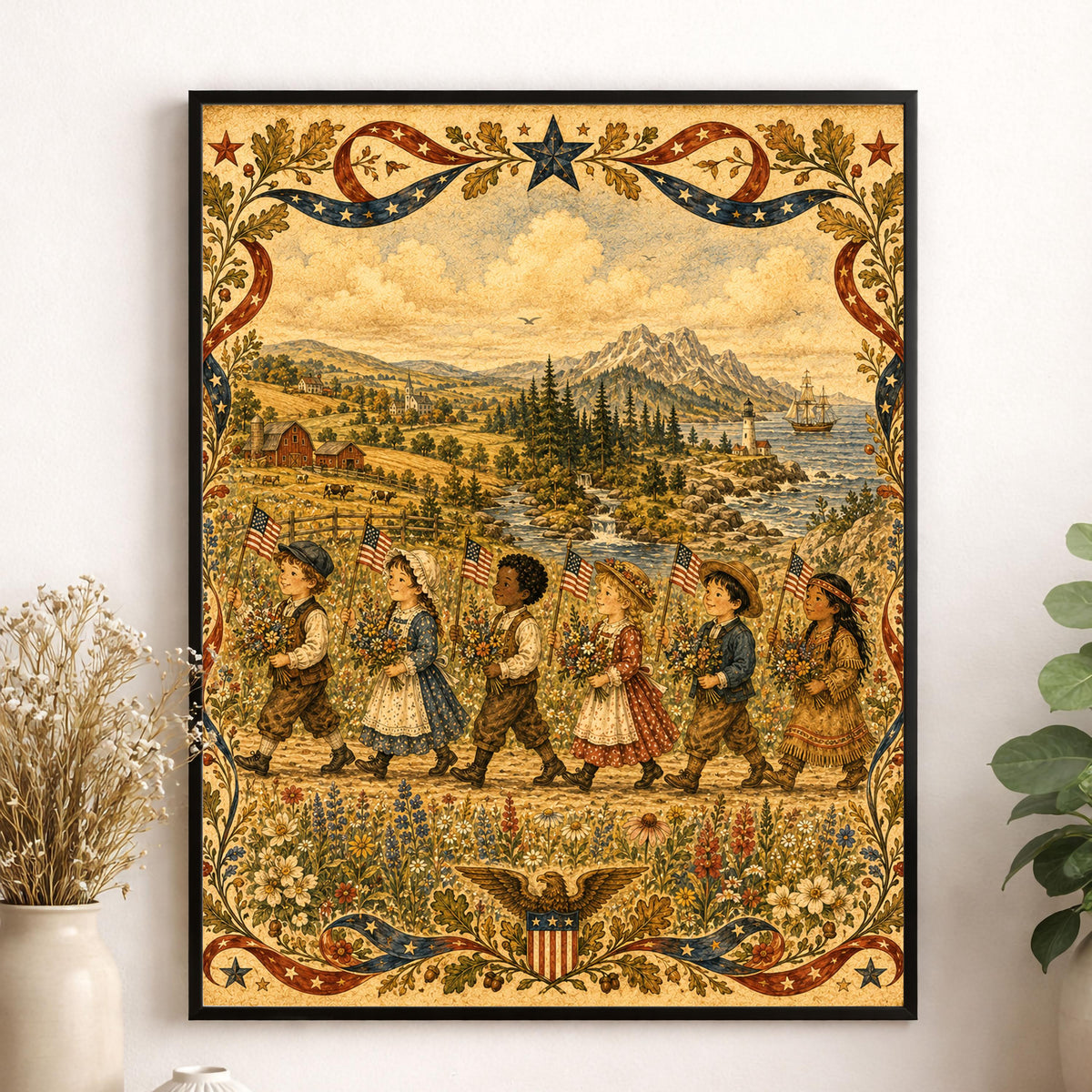 Patriotic Folk Art Children Print | Americana Landscape Wall Art | Colonial Flag Parade Decor | Vintage Independence Day Artwork | Portrait