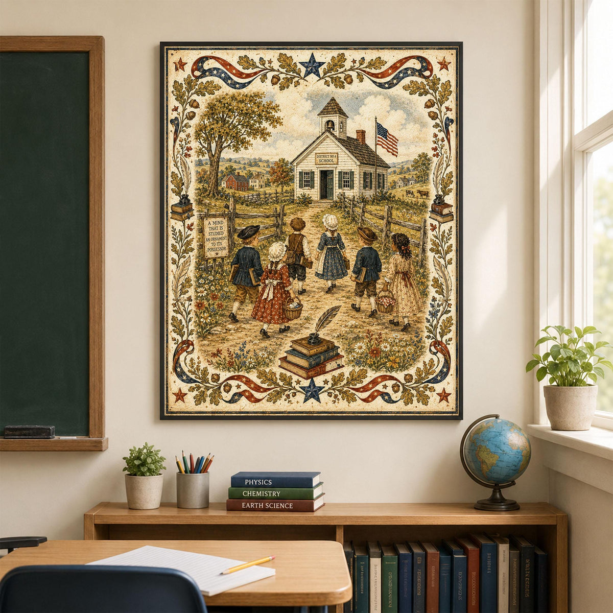 Patriotic Schoolhouse Folk Art Print | Vintage Americana Classroom Wall Decor | Colonial School Landscape | Homeschool Gift | Portrait Mode