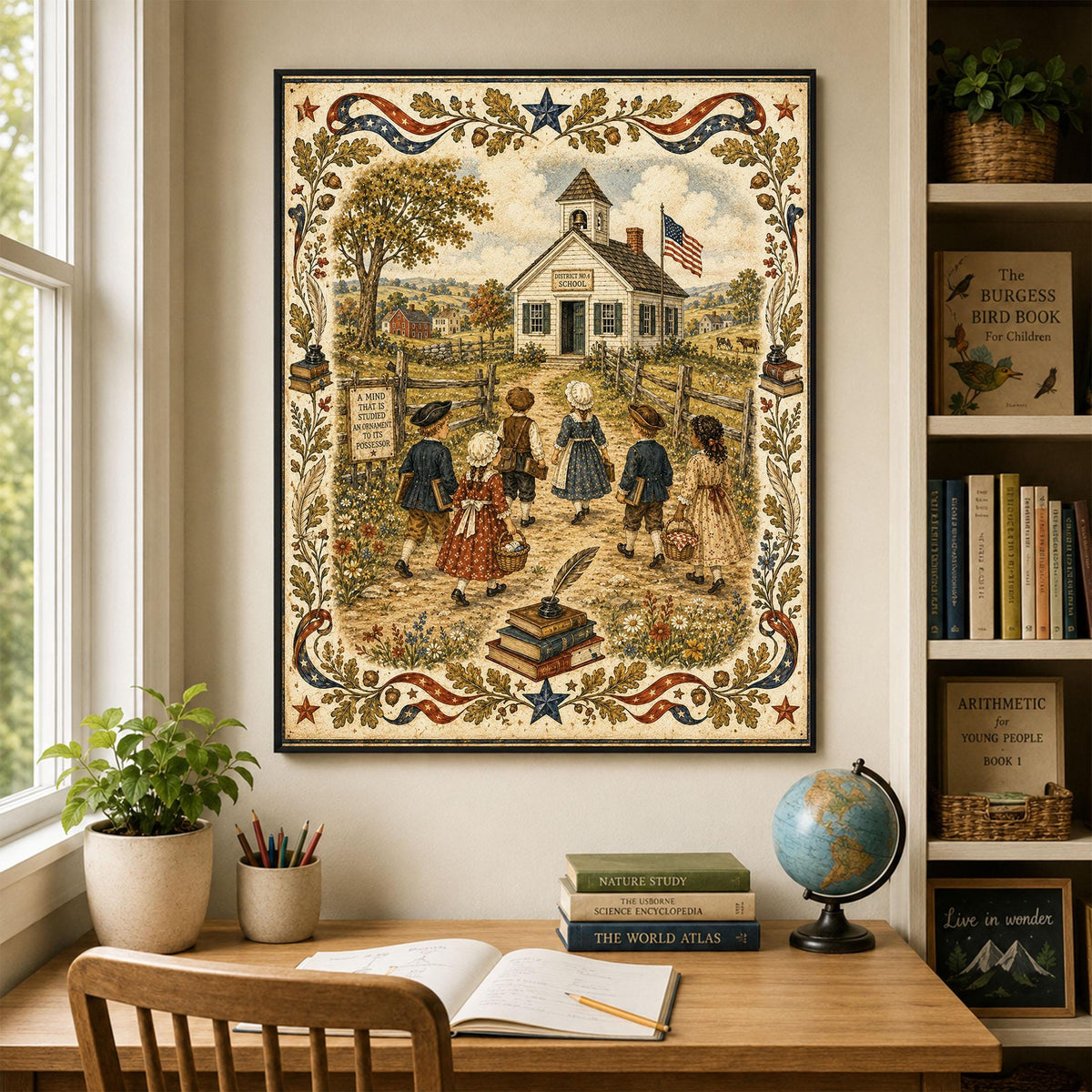 Patriotic Schoolhouse Folk Art Print | Vintage Americana Classroom Wall Decor | Colonial School Landscape | Homeschool Gift | Portrait Mode