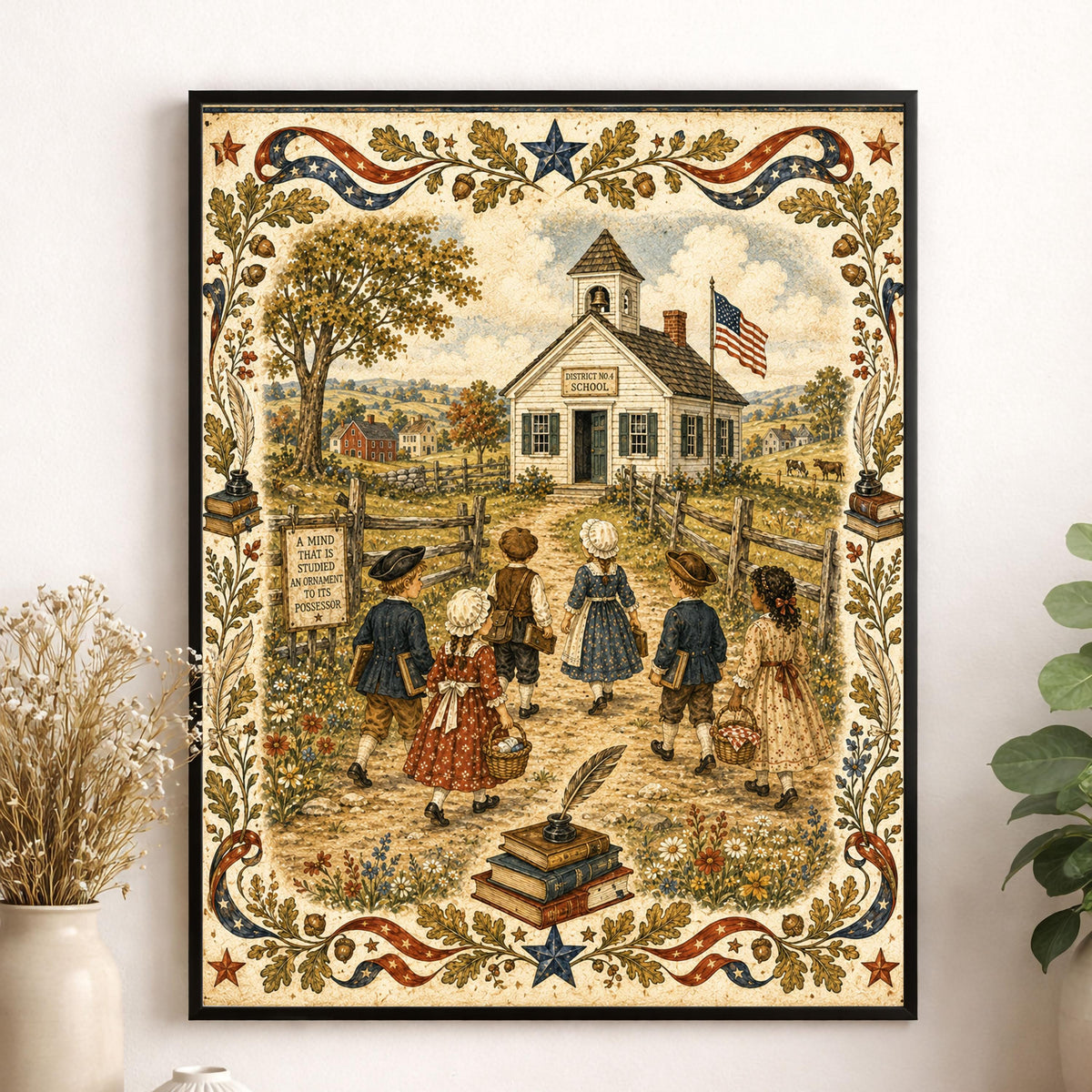Patriotic Schoolhouse Folk Art Print | Vintage Americana Classroom Wall Decor | Colonial School Landscape | Homeschool Gift | Portrait Mode