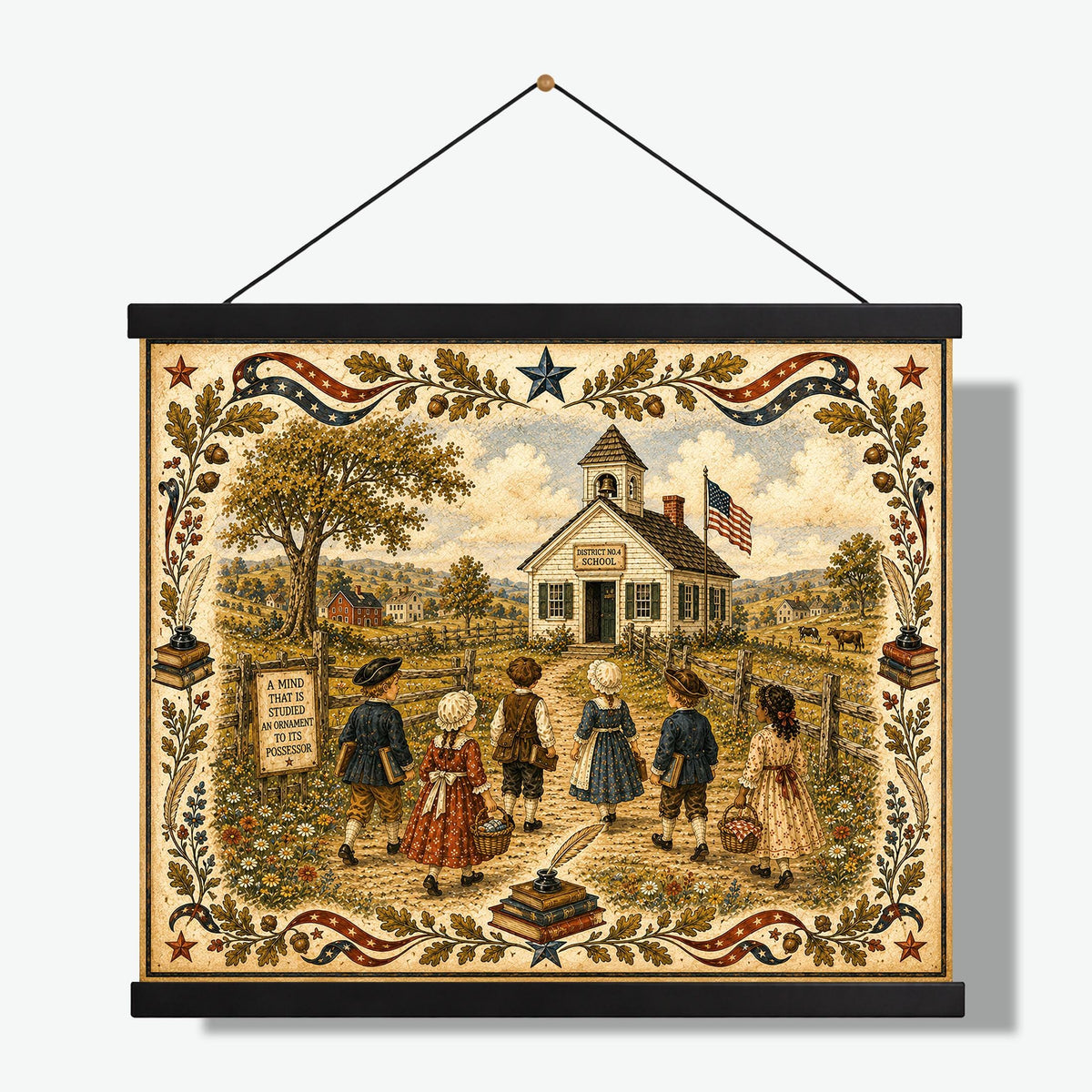 Patriotic Schoolhouse Folk Art Print | Vintage Americana Classroom Wall Decor | Colonial School Landscape | Homeschool Gift | Landscape Mode