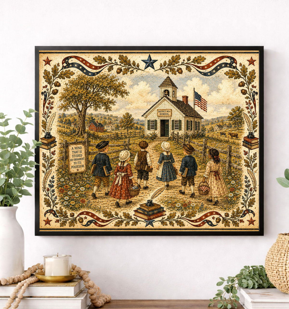 Patriotic Schoolhouse Folk Art Print | Vintage Americana Classroom Wall Decor | Colonial School Landscape | Homeschool Gift | Landscape Mode
