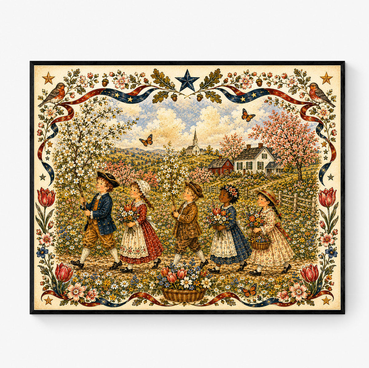 Spring Folk Art Landscape Print | Vintage Americana Wildflower Wall Decor | Colonial Children Botanical Artwork | Cottagecore