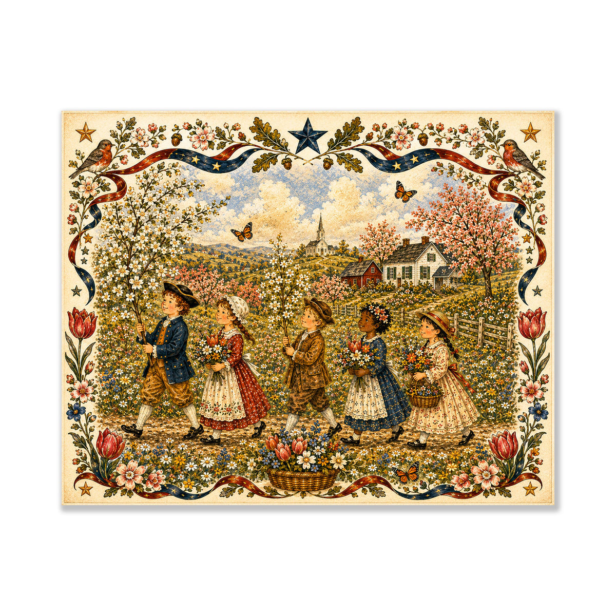 Spring Folk Art Landscape Print | Vintage Americana Wildflower Wall Decor | Colonial Children Botanical Artwork | Cottagecore