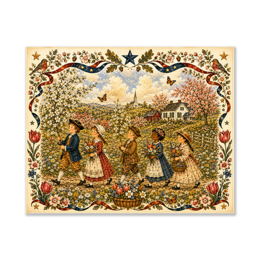 Spring Folk Art Landscape Print | Vintage Americana Wildflower Wall Decor | Colonial Children Botanical Artwork | Cottagecore