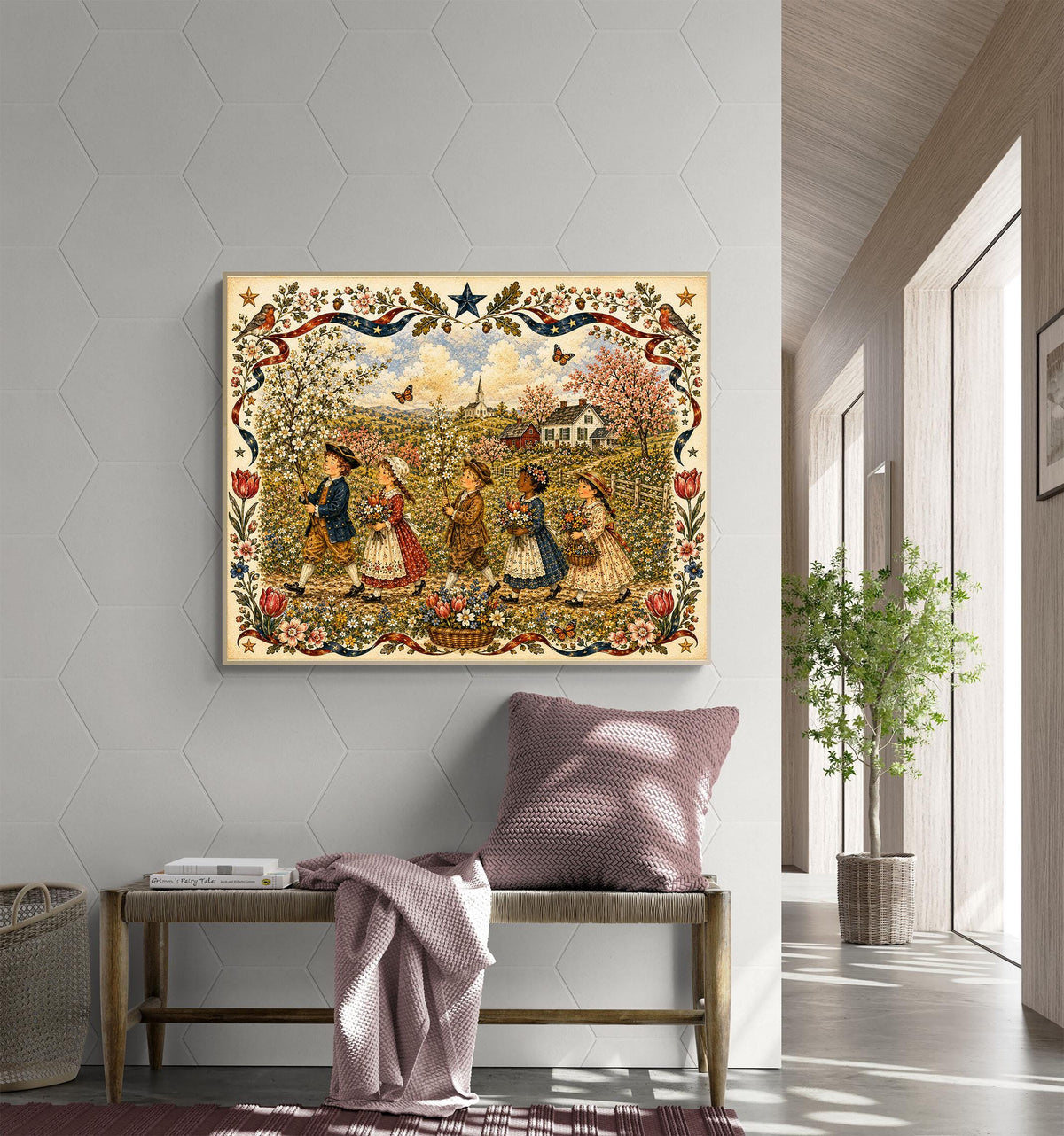 Spring Folk Art Landscape Print | Vintage Americana Wildflower Wall Decor | Colonial Children Botanical Artwork | Cottagecore