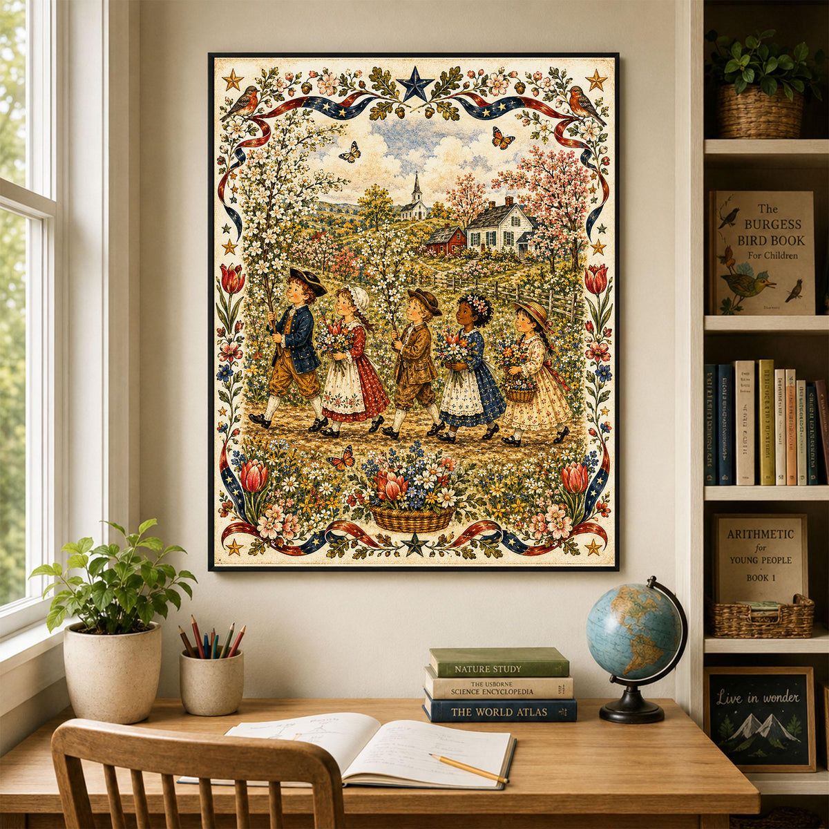 Spring Folk Art Landscape Print | Vintage Americana Wildflower Wall Decor | Colonial Children Botanical Artwork | Cottagecore | Portrait