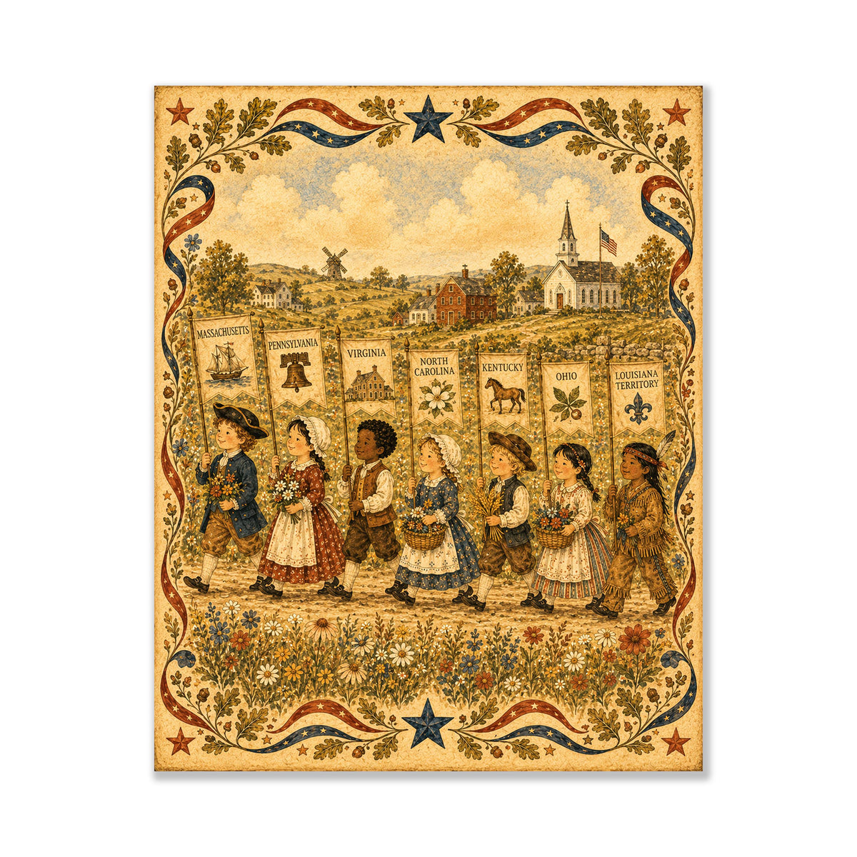 Colonial America State Banner Print | Patriotic Folk Art Wall Decor | Homeschool History Classroom Art | Americana | Portrait Mode
