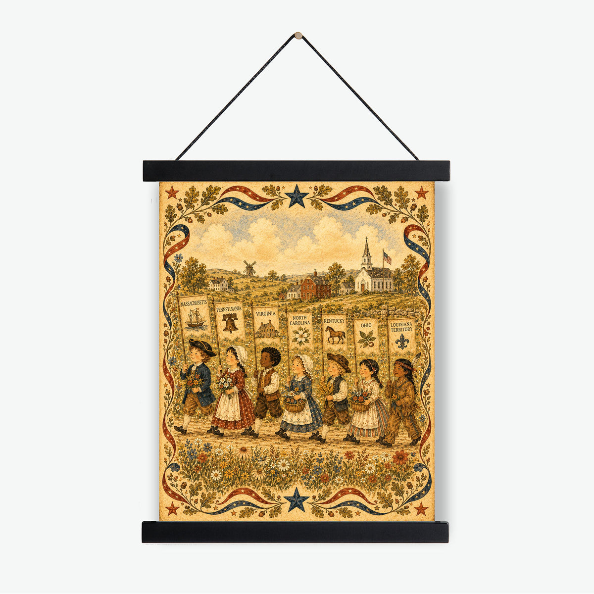 Colonial America State Banner Print | Patriotic Folk Art Wall Decor | Homeschool History Classroom Art | Americana | Portrait Mode