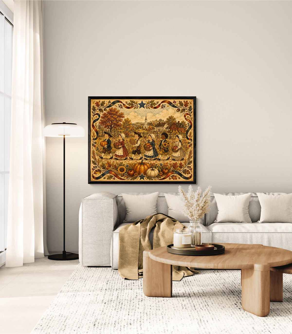 Autumn Harvest Folk Art Print | Vintage Americana Fall Wall Decor | Thanksgiving Farmhouse Artwork | Colonial Harvest Landscape