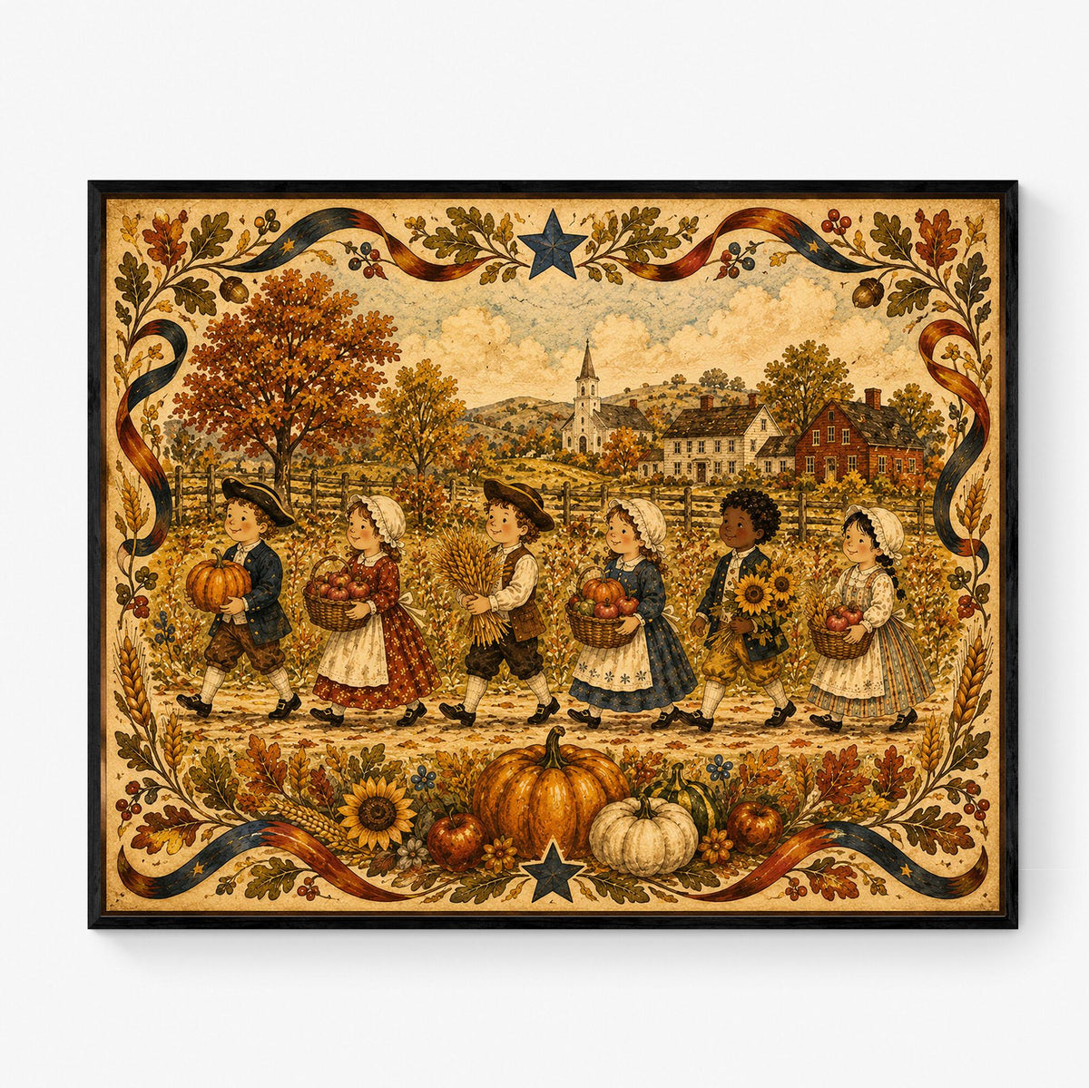 Autumn Harvest Folk Art Print | Vintage Americana Fall Wall Decor | Thanksgiving Farmhouse Artwork | Colonial Harvest Landscape