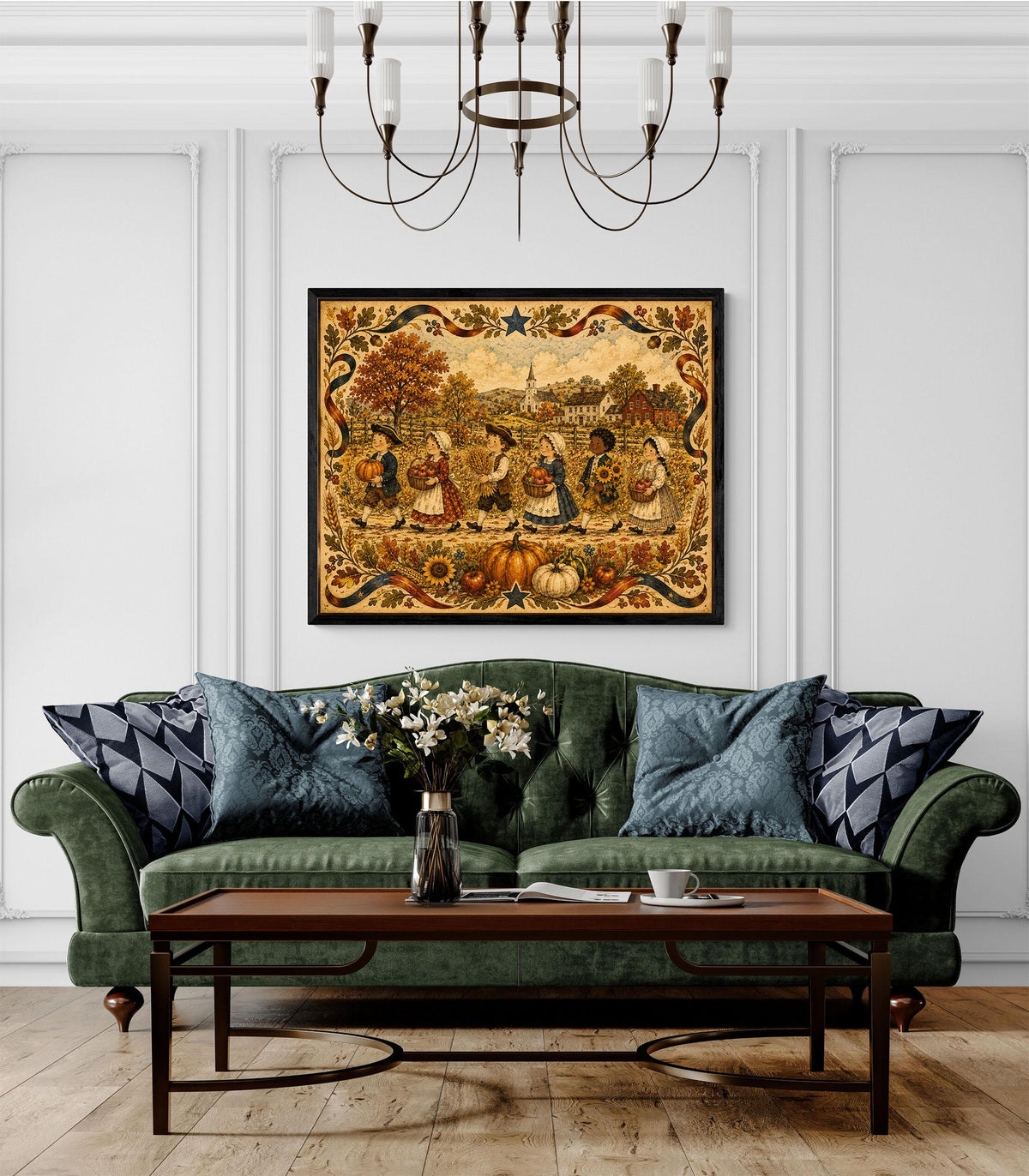 Autumn Harvest Folk Art Print | Vintage Americana Fall Wall Decor | Thanksgiving Farmhouse Artwork | Colonial Harvest Landscape