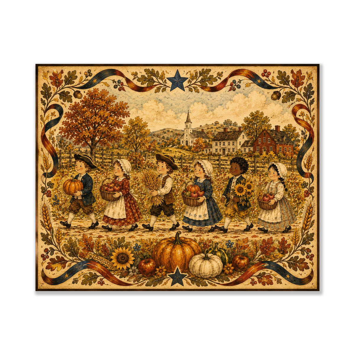 Autumn Harvest Folk Art Print | Vintage Americana Fall Wall Decor | Thanksgiving Farmhouse Artwork | Colonial Harvest Landscape