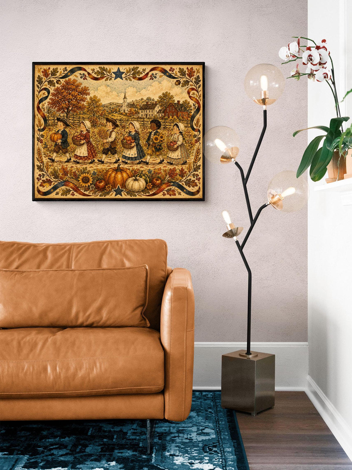 Autumn Harvest Folk Art Print | Vintage Americana Fall Wall Decor | Thanksgiving Farmhouse Artwork | Colonial Harvest Landscape