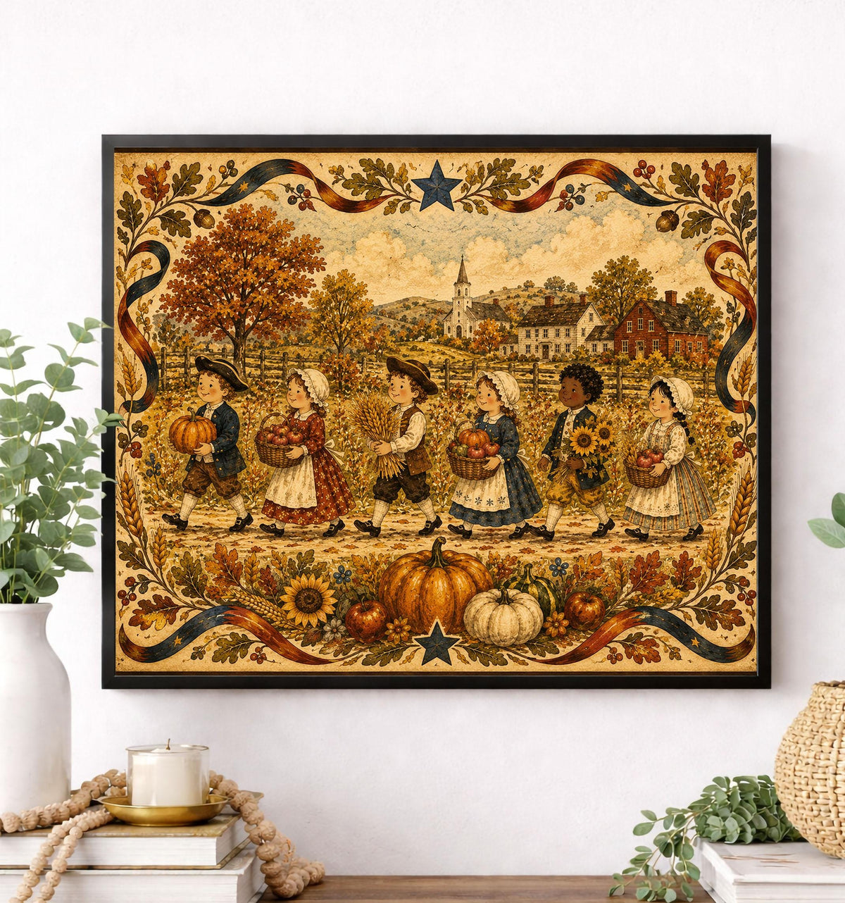 Autumn Harvest Folk Art Print | Vintage Americana Fall Wall Decor | Thanksgiving Farmhouse Artwork | Colonial Harvest Landscape