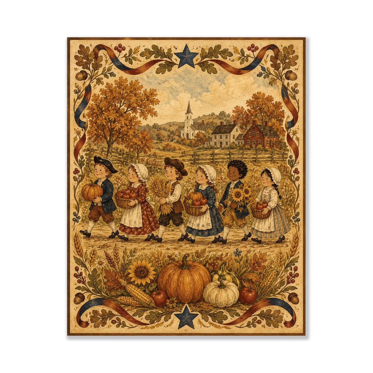 Autumn Harvest Folk Art Print | Vintage Americana Fall Wall Decor | Thanksgiving Farmhouse Artwork | Colonial Harvest Portrait