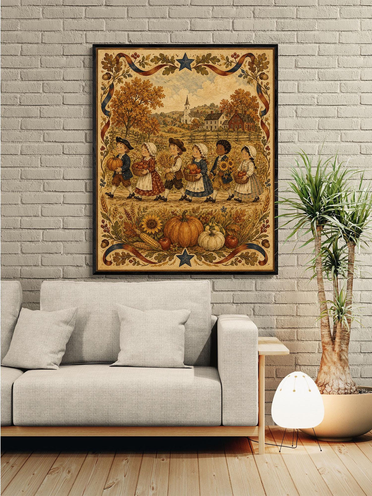 Autumn Harvest Folk Art Print | Vintage Americana Fall Wall Decor | Thanksgiving Farmhouse Artwork | Colonial Harvest Portrait