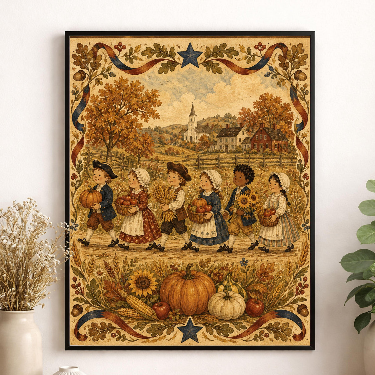 Autumn Harvest Folk Art Print | Vintage Americana Fall Wall Decor | Thanksgiving Farmhouse Artwork | Colonial Harvest Portrait