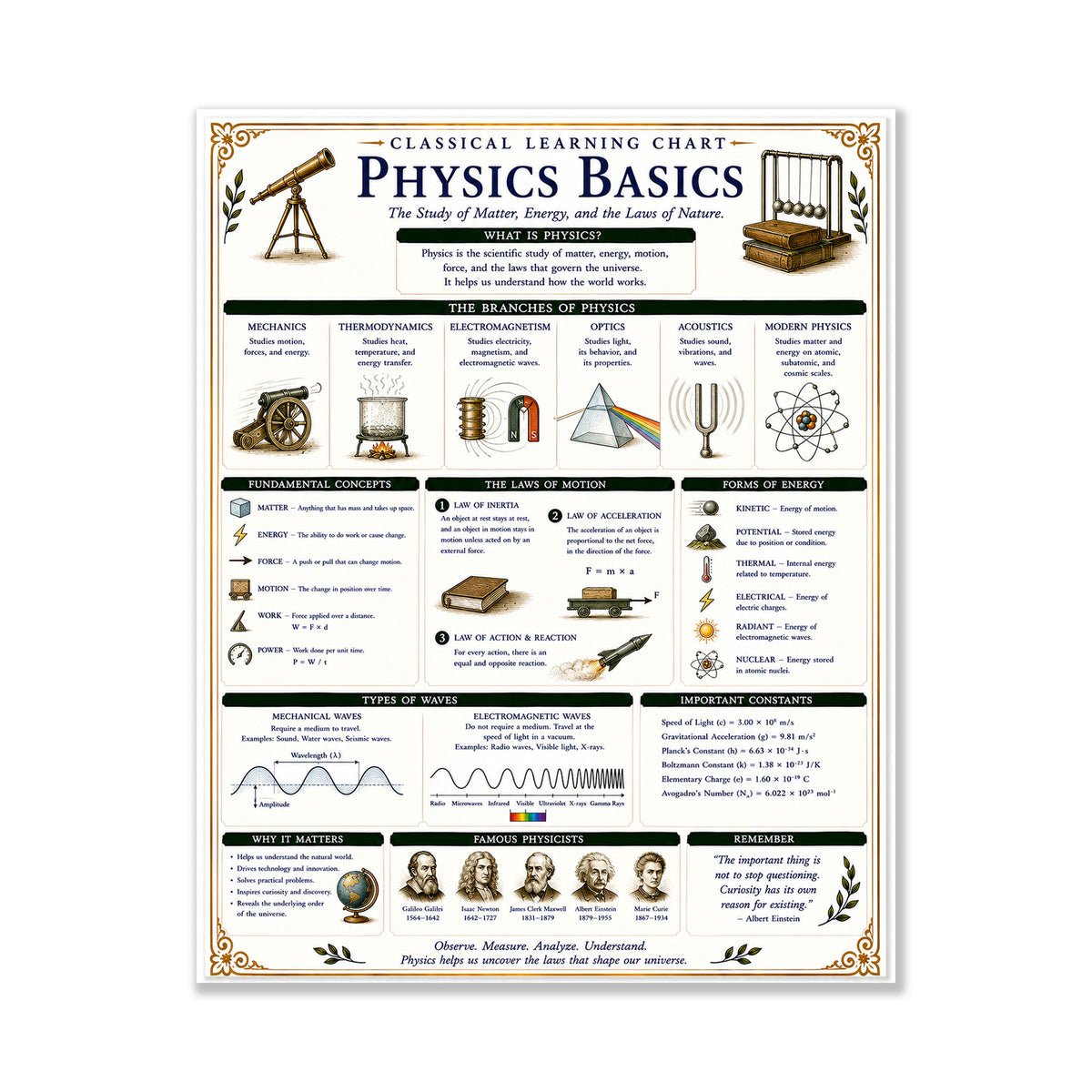 Physics Basics Learning Chart | Science Classroom Poster | Homeschool Physics Wall Art | Educational STEM Reference Print