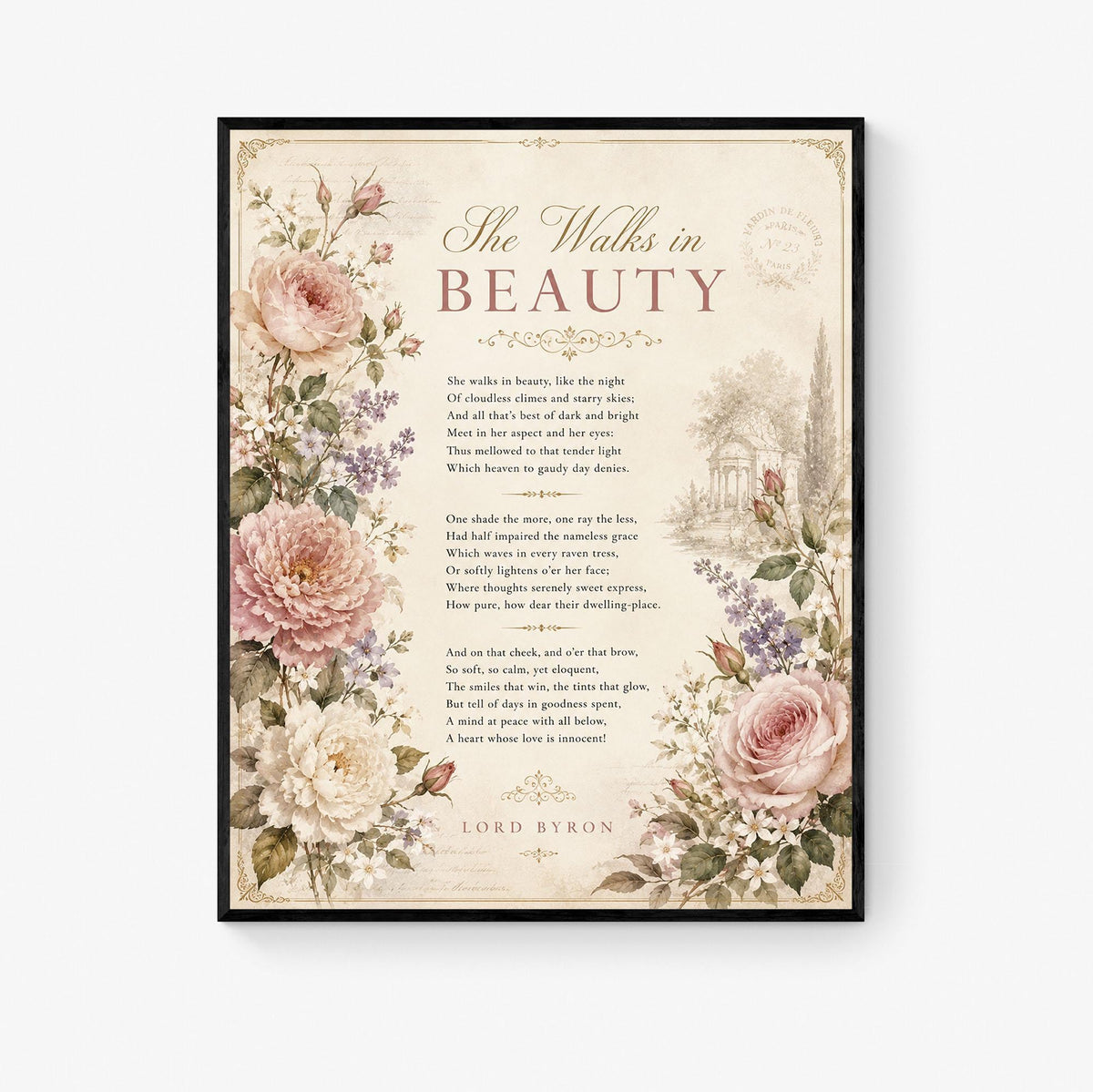 She Walks in Beauty Art Print | Lord Byron Poem | Romantic Cottagecore Wall Art | Vintage Floral Literary Decor